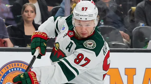 Kirill Kaprizov #97 of the Minnesota Wild takes a shot against the Vegas Golden Knights.