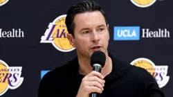 Head coach JJ Redick of the Los Angeles Lakers speaks with media.