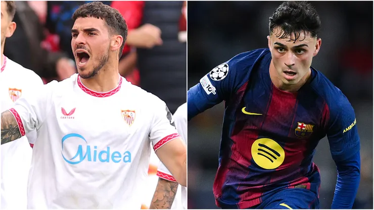Isaac Romero of Sevilla FC and Pedri of FC Barcelona.