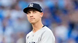 Luke Weaver reacts after being removed from the game against the Blue Jays on October 04, 2025 in Toronto.