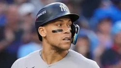 Aaron Judge reacts after striking out with the bases loaded vs the Blue Jays on October 04, 2025 in Toronto.