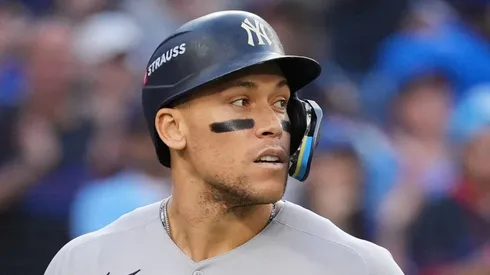 Aaron Judge reacts after striking out with the bases loaded vs the Blue Jays on October 04, 2025 in Toronto.