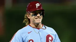 Harrison Bader smiles during a game vs the Braves on August 28, 2025 in Philadelphia, Pennsylvania.