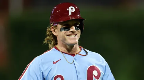 Harrison Bader smiles during a game vs the Braves on August 28, 2025 in Philadelphia, Pennsylvania.