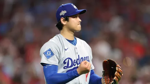 Shohei Ohtani #17 of the Los Angeles Dodgers reacts.