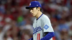 Roki Sasaki #11 of the Los Angeles Dodgers looks on.