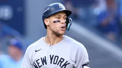Aaron Judge reacts after striking out during Game 2 vs the Blue Jays on October 05, 2025 in Toronto.