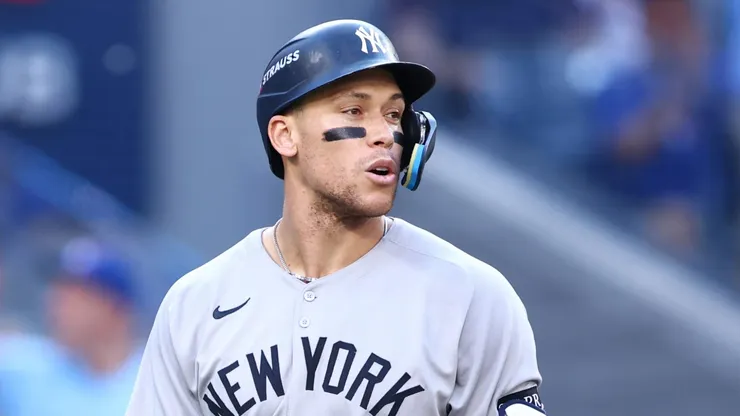 Aaron Judge reacts after striking out during Game 2 vs the Blue Jays on October 05, 2025 in Toronto.