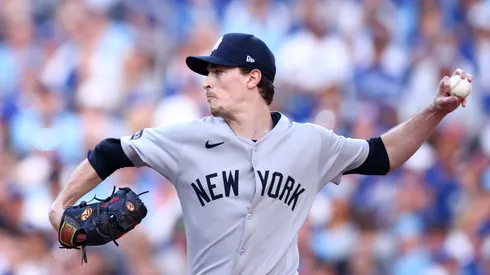 Max Fried pitches during game two vs the Blue Jays on October 05, 2025 in Toronto.