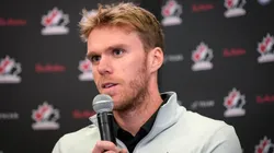 Connor McDavid speaks to media.