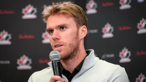 Connor McDavid speaks to media.