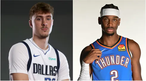 Cooper Flagg #32 of the Dallas Mavericks and Shai Gilgeous-Alexander #2 of the Oklahoma City Thunder.