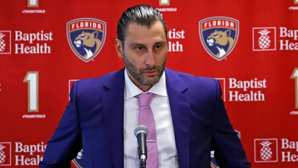 Roberto Luongo #1 talks to the media prior to the ceremony to retire his jersey