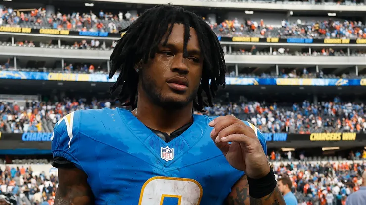 Omarion Hampton after the game vs the Broncos on September 21, 2025 in Inglewood.