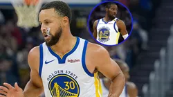 Stephen Curry #30 and Jonathan Kuminga #00 of the Golden State Warriors.