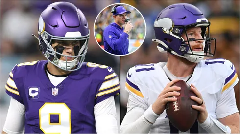 J.J. McCarthy #9, Carson Wentz #11 and head coach Kevin O'Connell of the Minnesota Vikings.