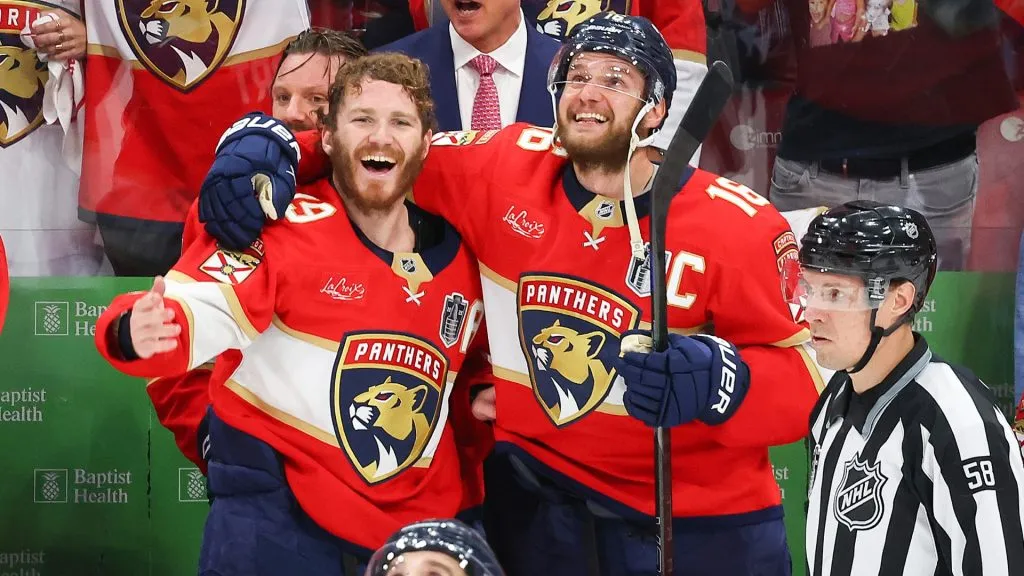 Barkov #16 and Tkachuk #19 of the Panthers celebrate after beating the Oilers to win the Stanley Cup. (Photo by Mike Carlson/Getty Images)