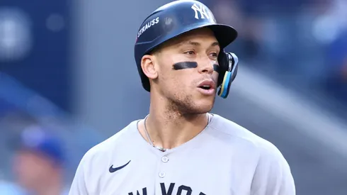 Aaron Judge #99 of the New York Yankees reacts after striking out during the fourth inning in game two of the ALDS.