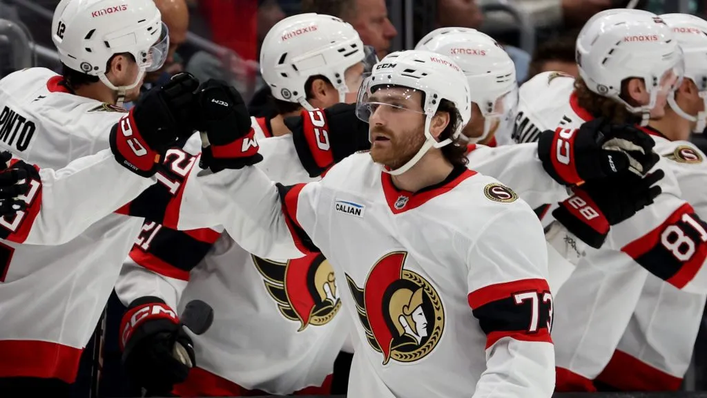 Noah Gregor #73 with the Ottawa Senators celebrates his goal against the Seattle Kraken. (Photo by Steph Chambers/Getty Images)
