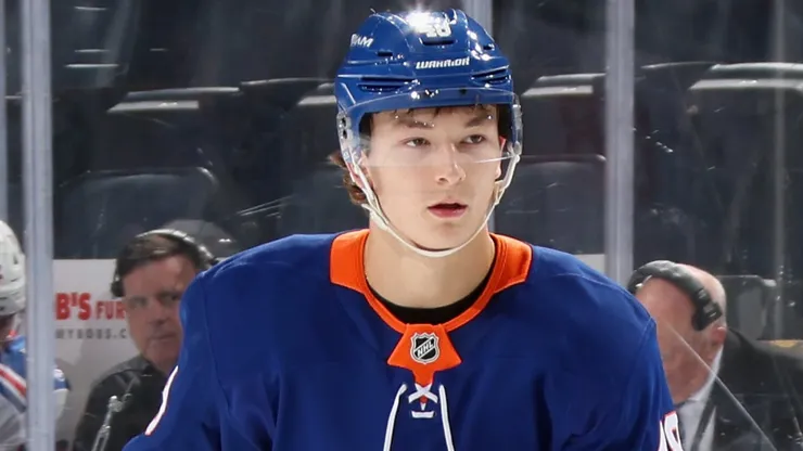 Matthew Schaefer #48 of the New York Islanders skates against the New York Rangers on September 29, 2025.