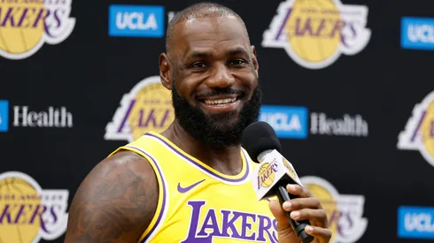 LeBron James #23 of the Los Angeles Lakers speaks with the media.