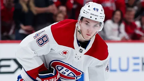 Lane Hutson #48 of the Montreal Canadiens handles the puck.