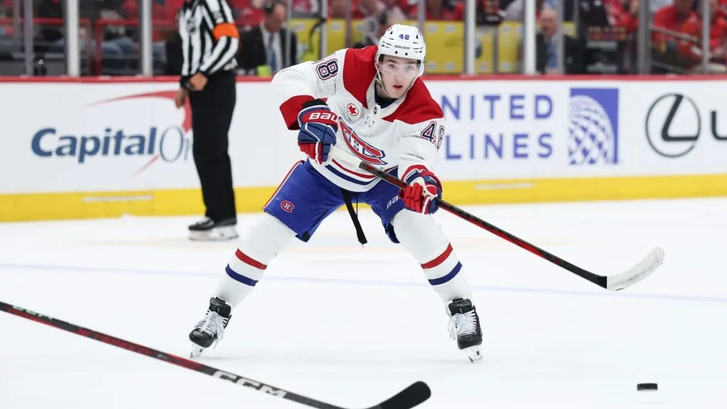 Lane Hutson #48 of the Montreal Canadiens passes the puck. (Photo by Scott Taetsch/Getty Images)