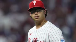 Jesus Luzardo #44 of the Philadelphia Phillies walks to the dugout after a pitching change during the seventh inning.