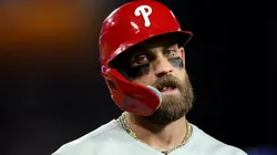 Bryce Harper #3 of the Philadelphia Phillies reacts against the Los Angeles Dodgers.