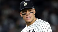Aaron Judge #99 of the Yankees reacts after the game against the Blue Jays in game three of the ALDS.