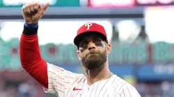 Bryce Harper #3 of the Philadelphia Phillies acknowledges the crowd.