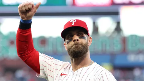 Bryce Harper #3 of the Philadelphia Phillies acknowledges the crowd.