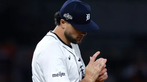 Brant Hurter #48 of the Detroit Tigers reacts after a solo home run.