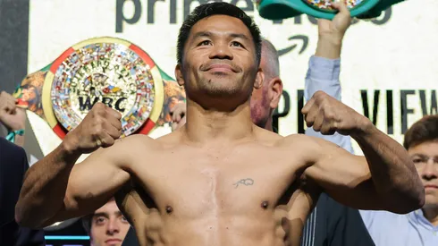Manny Pacquiao poses during a ceremonial weigh-in at MGM Grand Garden Arena on July 18, 2025 in Las Vegas,