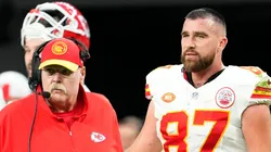 Andy Reid (left) and Travis Kelce on the sideline.