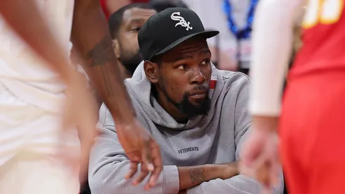 Kevin Durant #7 of the Houston Rockets looks on from the bench.