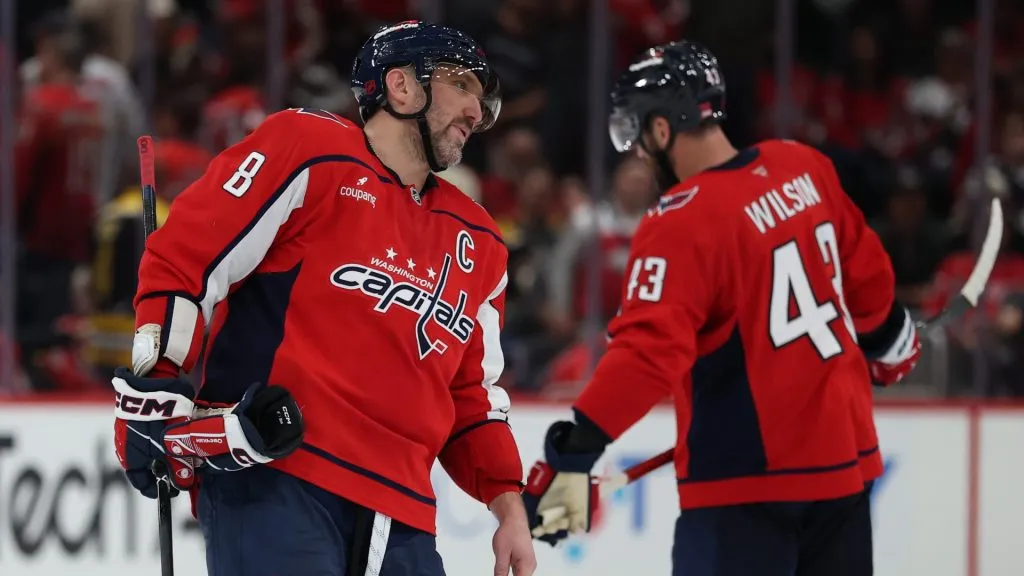Alex Ovechkin #8 of the Capitals reacts after losing the Bruins. (Photo by Patrick Smith/Getty Images)