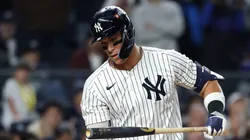 Aaron Judge #99 of the New York Yankees reacts after striking out.