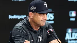 Manager Aaron Boone #17 of the New York Yankees speaks to the media.
