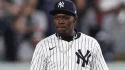 Jazz Chisholm Jr. #13 of the New York Yankees looks on during the seventh inning against the Toronto Blue Jays.