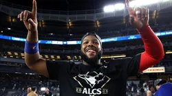 Vladimir Guerrero Jr. #27 of the Toronto Blue Jays celebrates on the field after the Blue Jays defeated the New York Yankees.
