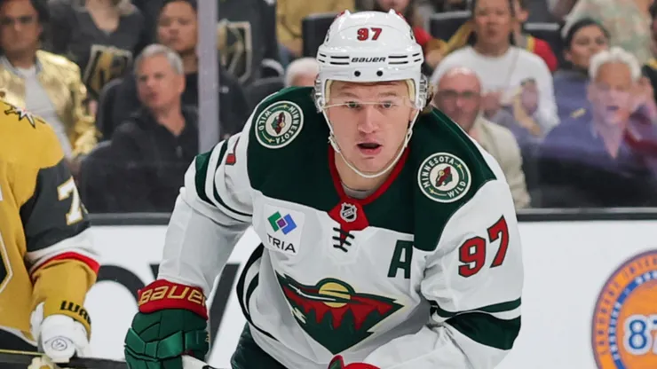 Kirill Kaprizov fires a shot during an NHL game.