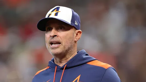 Joe Espada reacts during the second inning vs the Angels on April 13, 2025 in Houston, Texas.