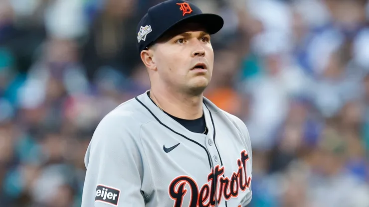 Tarik Skubal #29 of the Detroit Tigers looks on.
