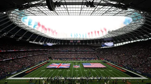 General view inside the stadium, as a pyrotechnic display takes place prior to an NFL match.