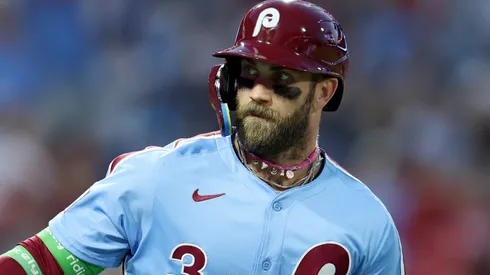 Bryce Harper speaks to reporters after the Phillies’ NLDS exit.