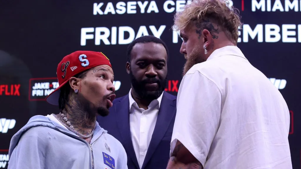 Gervonta “Tank” Davis and Jake Paul face off at news conference for their exhibition match scheduled. Leonardo Fernandez/Getty Images