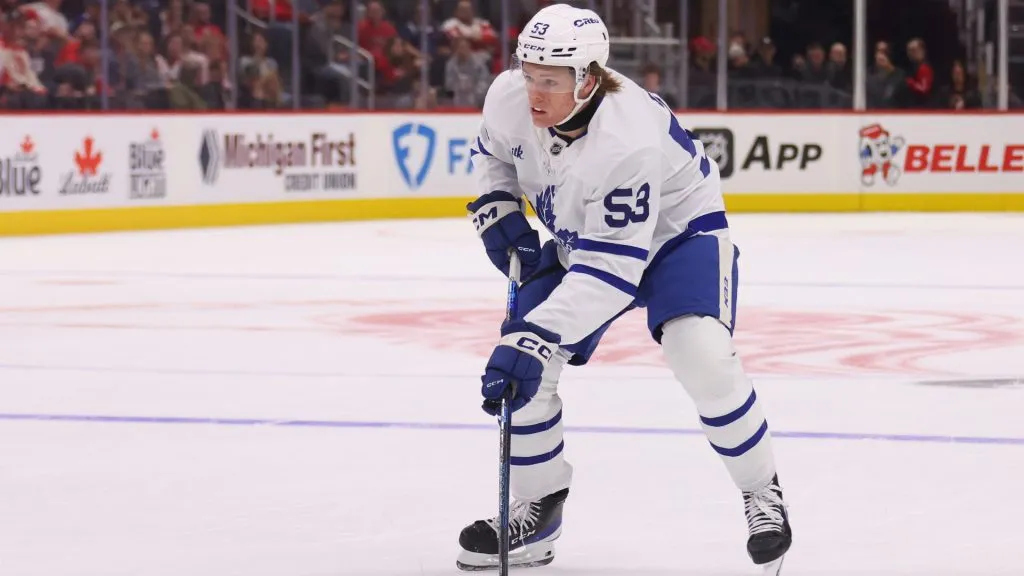 Easton Cowan #53 of the Toronto Maple Leafs plays during a pre season game. Gregory Shamus/Getty Images