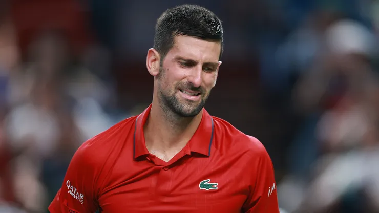 Novak Djokovic reacts against Valentin Vacherot during Shanghai Masters.
