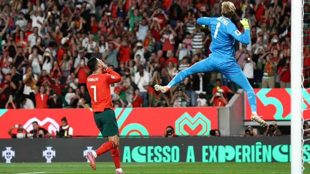 Cristiano Ronaldo reacts after missing a penalty against Caoimhin Kelleher. (Getty Images)
